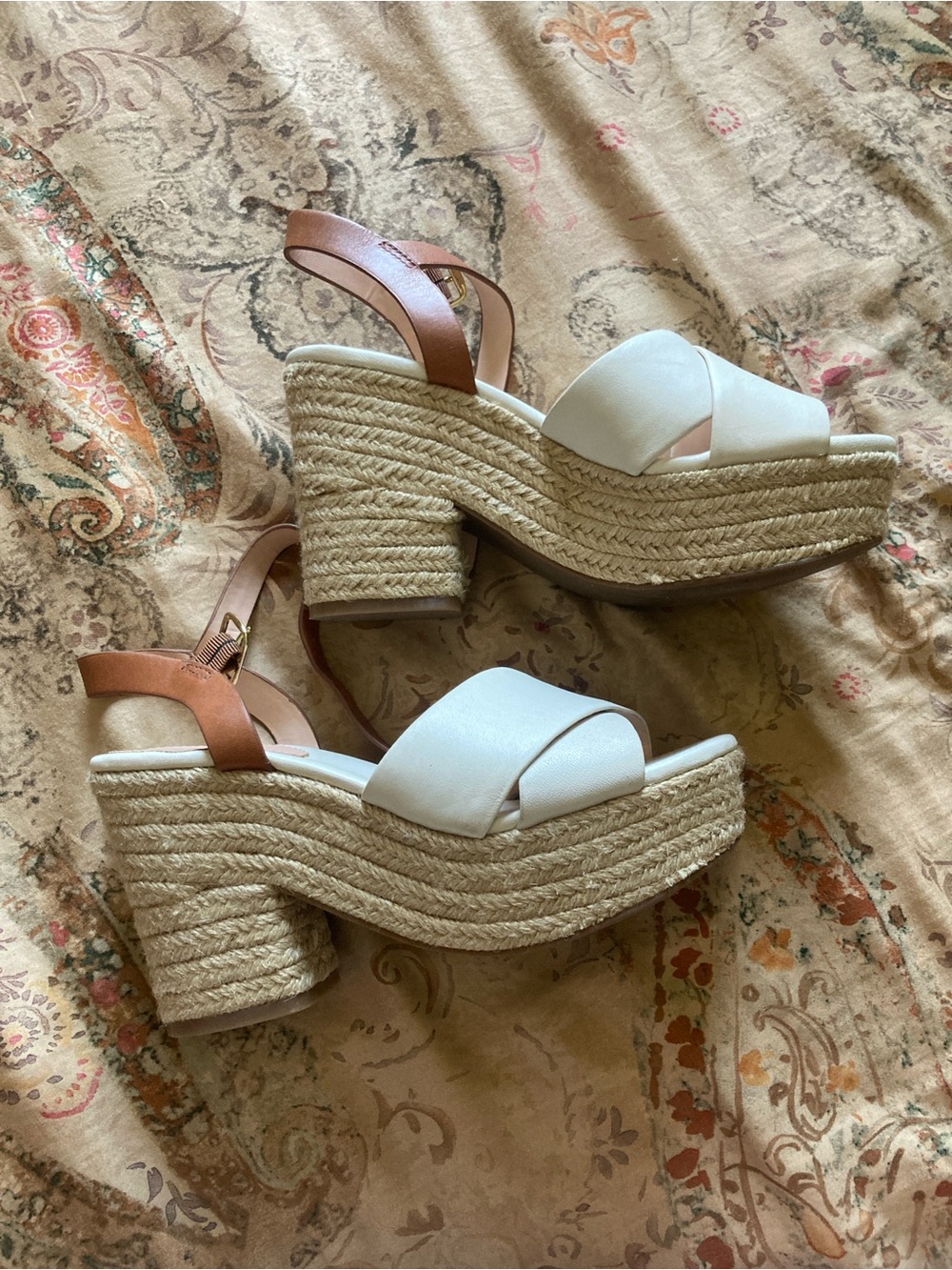 J Crew Womens White Espadrille Platform Sandals with Tan Ankle Strap